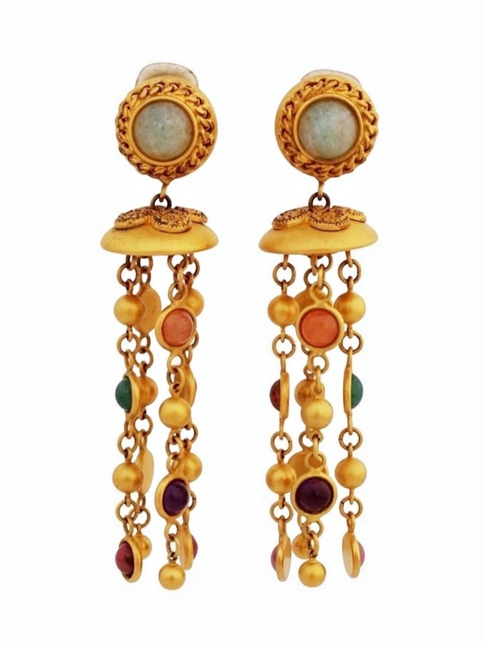 1980s 24k Matte Gold Chandelier Gemstone Statement Earrings By Natasha Stambouli